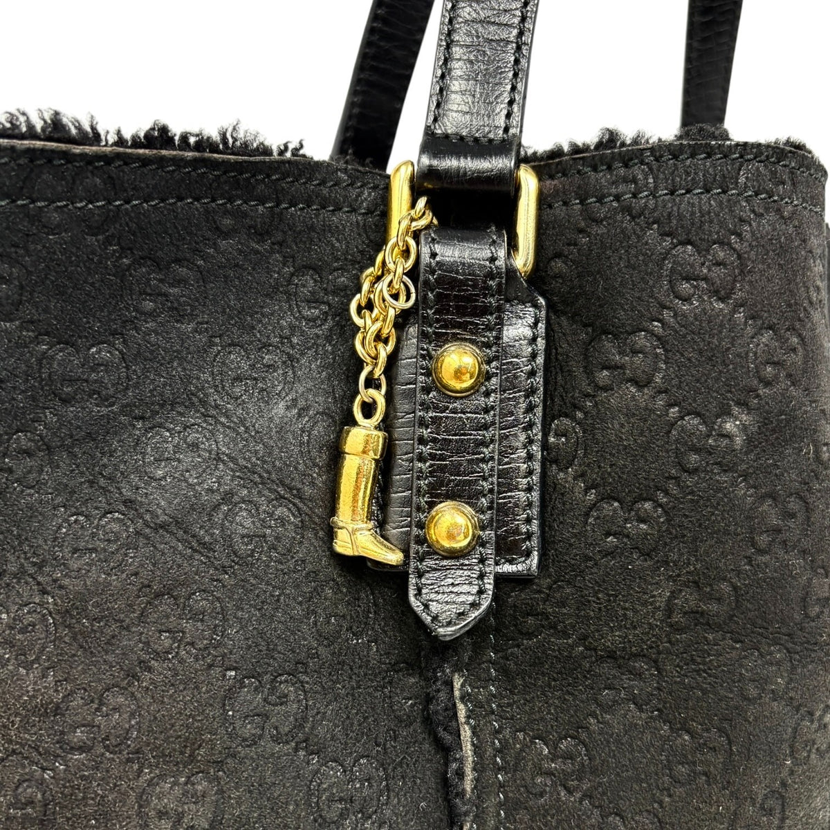 GUCCI Vintage GG Monogram Mouton Tote Bag Boots Charm Black Gold 902910