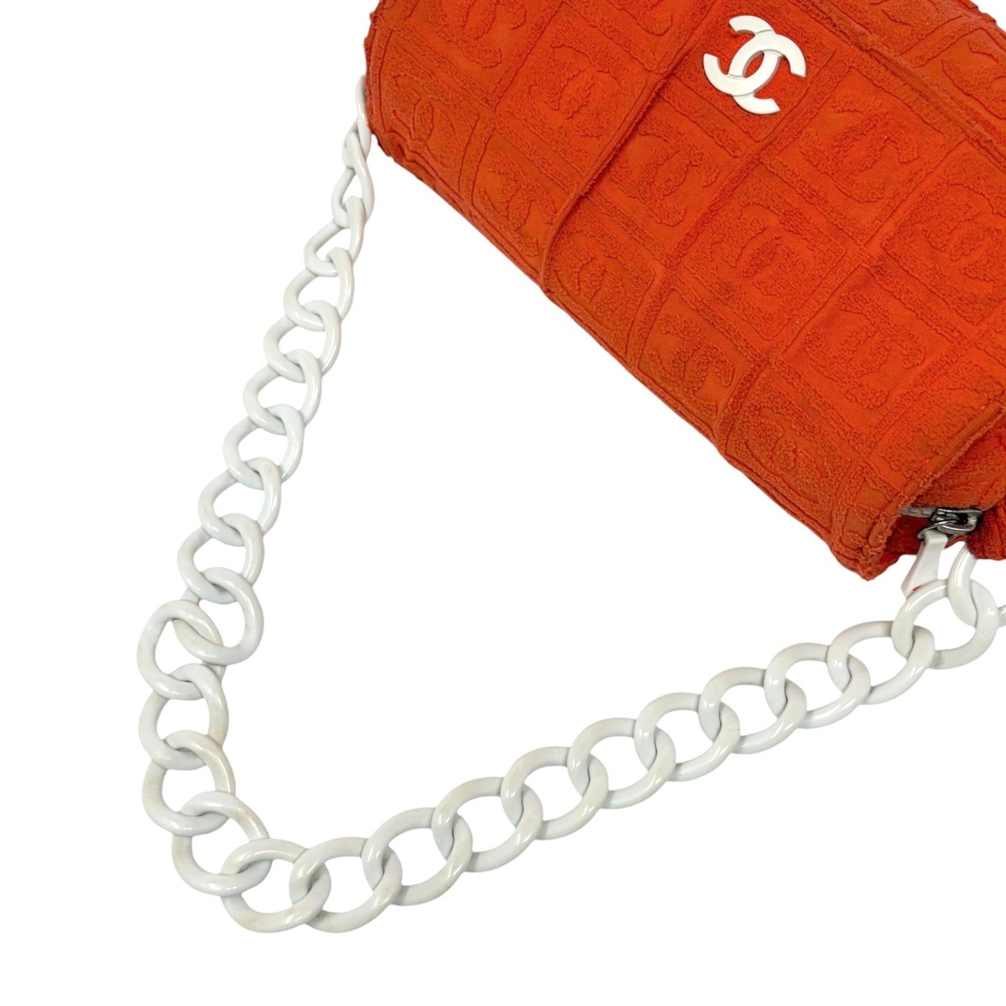 CHANEL Vintage 02S CC Logo Chain Shoulder Bag Terry Cloth Orange White 901896