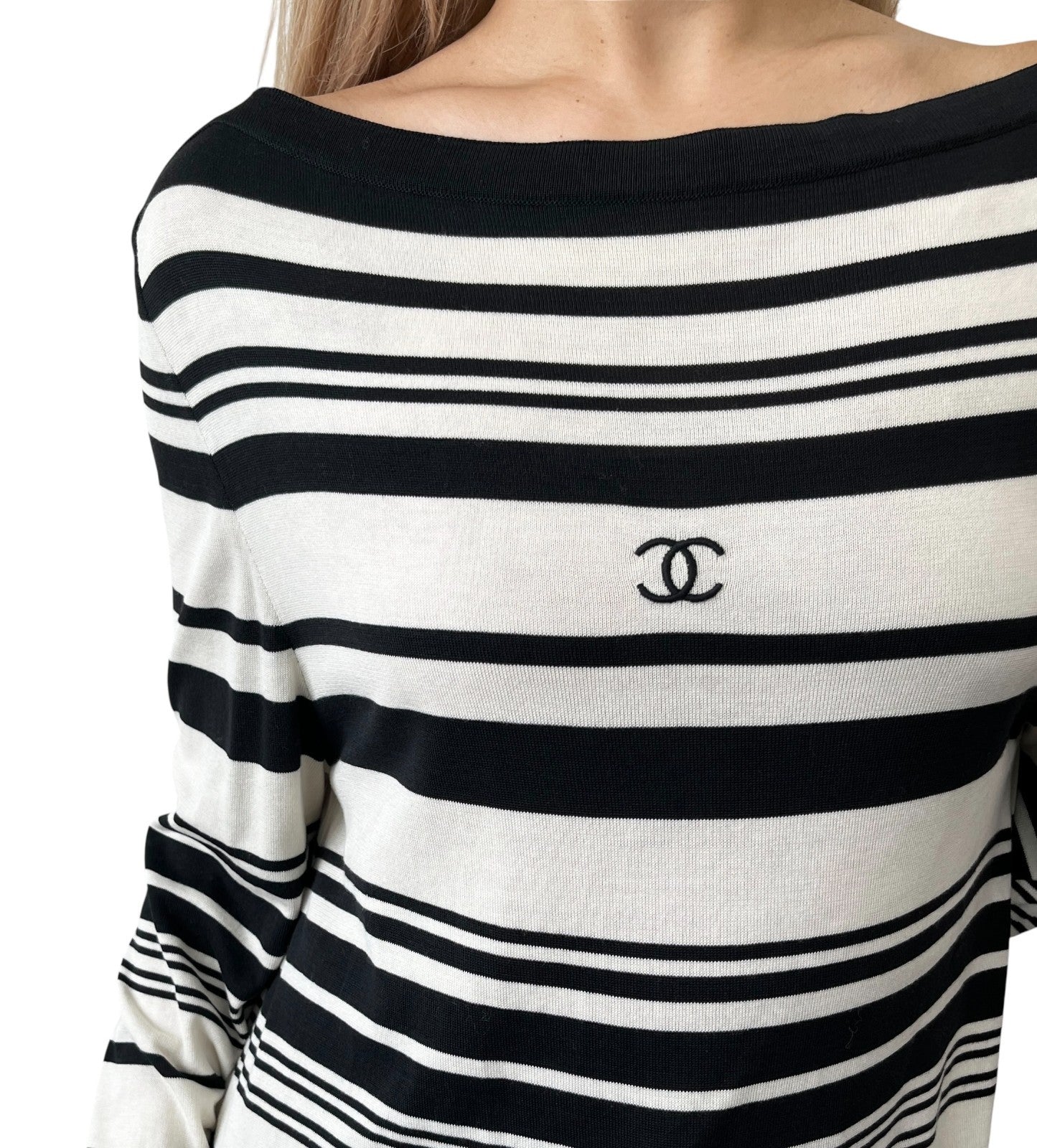CHANEL Vintage 98P CC Logo Stripe Knit Dress #40 Black White Cotton 901808