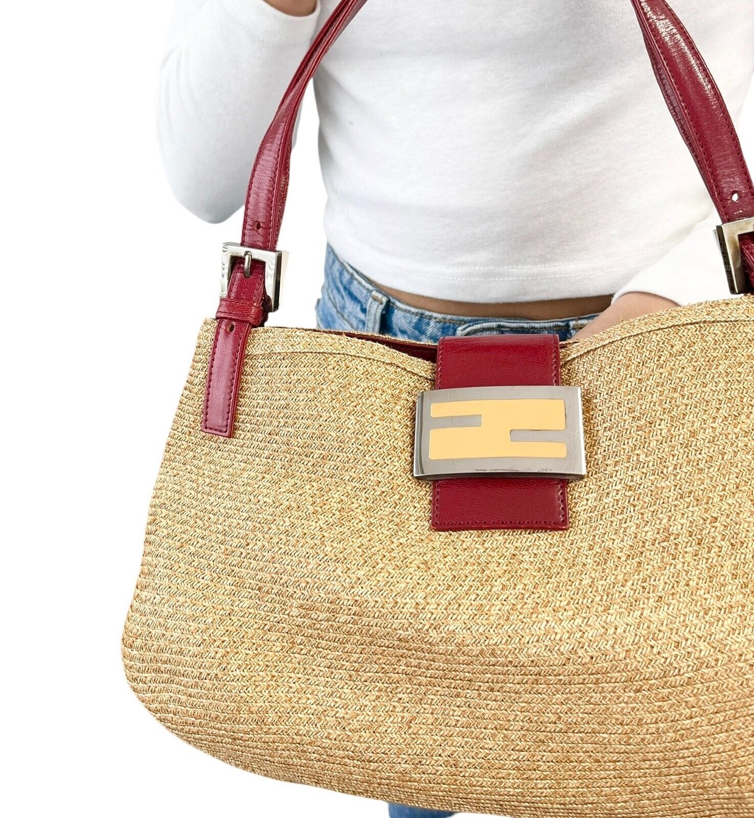 FENDI Vintage Logo Mamma Baguette Shoulder Bag Straw Raffia Red Leather