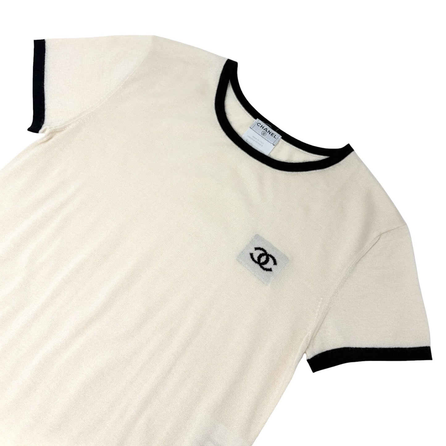 CHANEL Vintage 06C CC Logo Knit Pocket Top #38 Beige Black Cashmere 902578