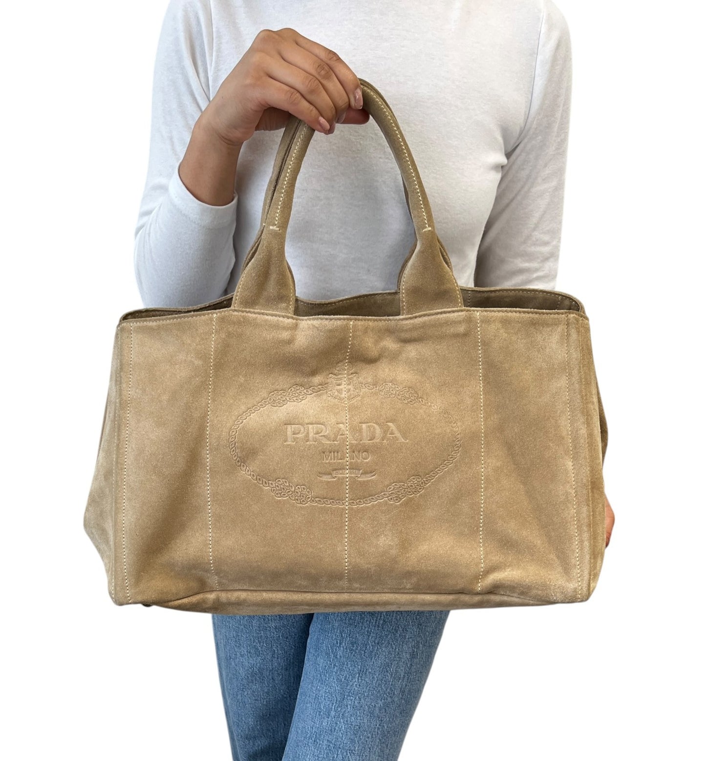 PRADA Vintage Canapa Big Logo Suede Large Tote Bag Beige Gold Stitch Shopper
