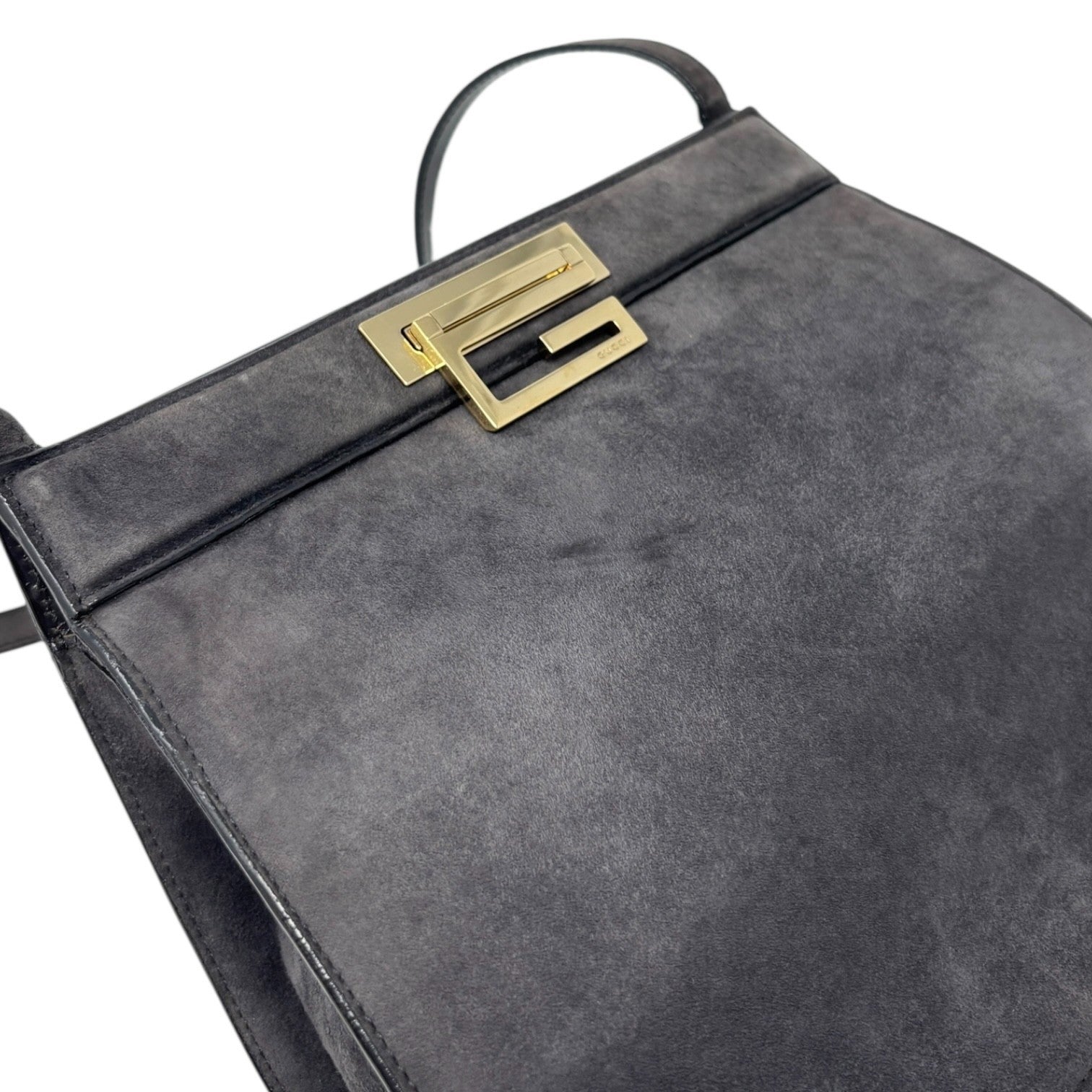 GUCCI Vintage G Square Logo Shoulder Bag Gray Gold Suede Leather