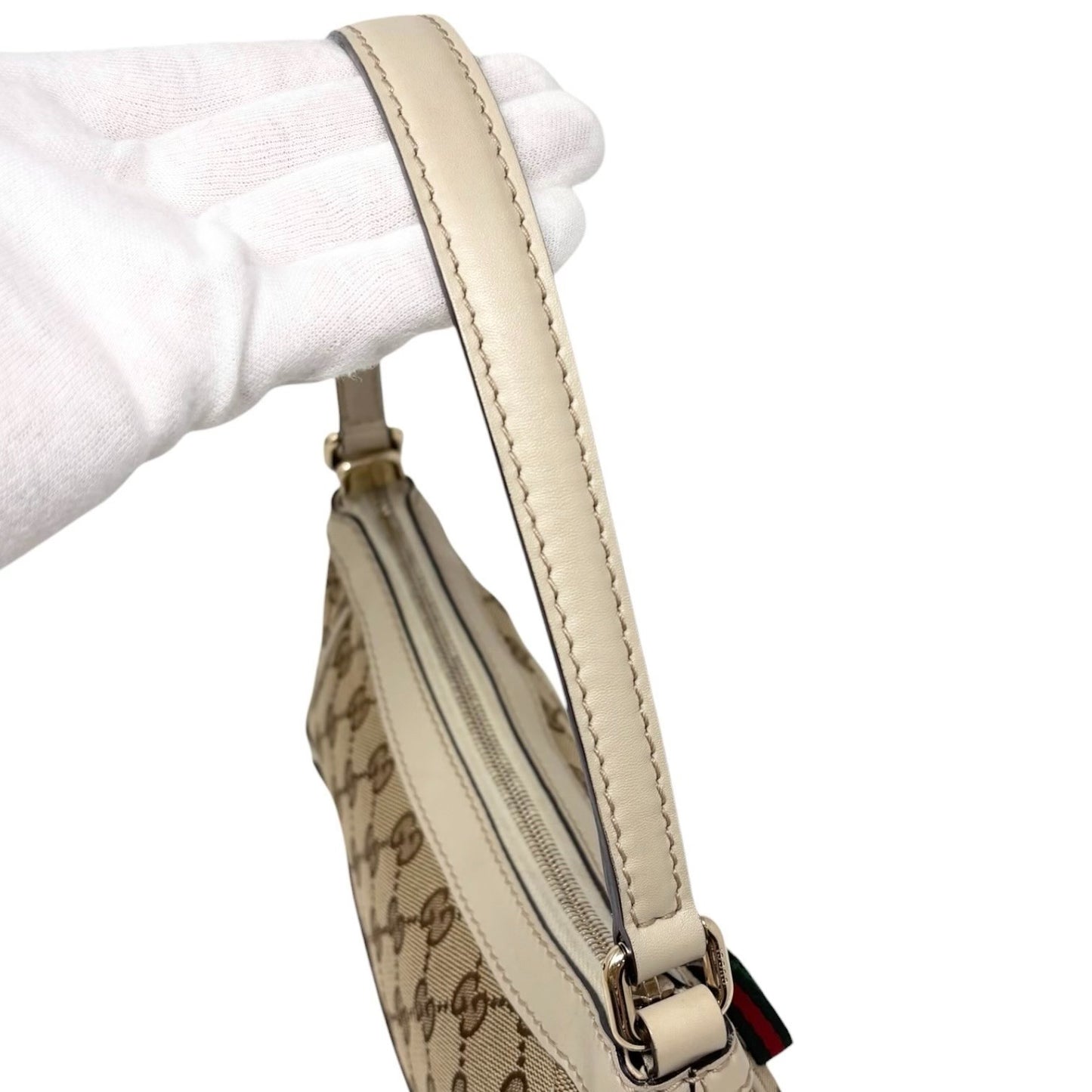 GUCCI Vintage GG Monogram Web Stripe Canvas Shoulder Bag Beige Ribbon 902290