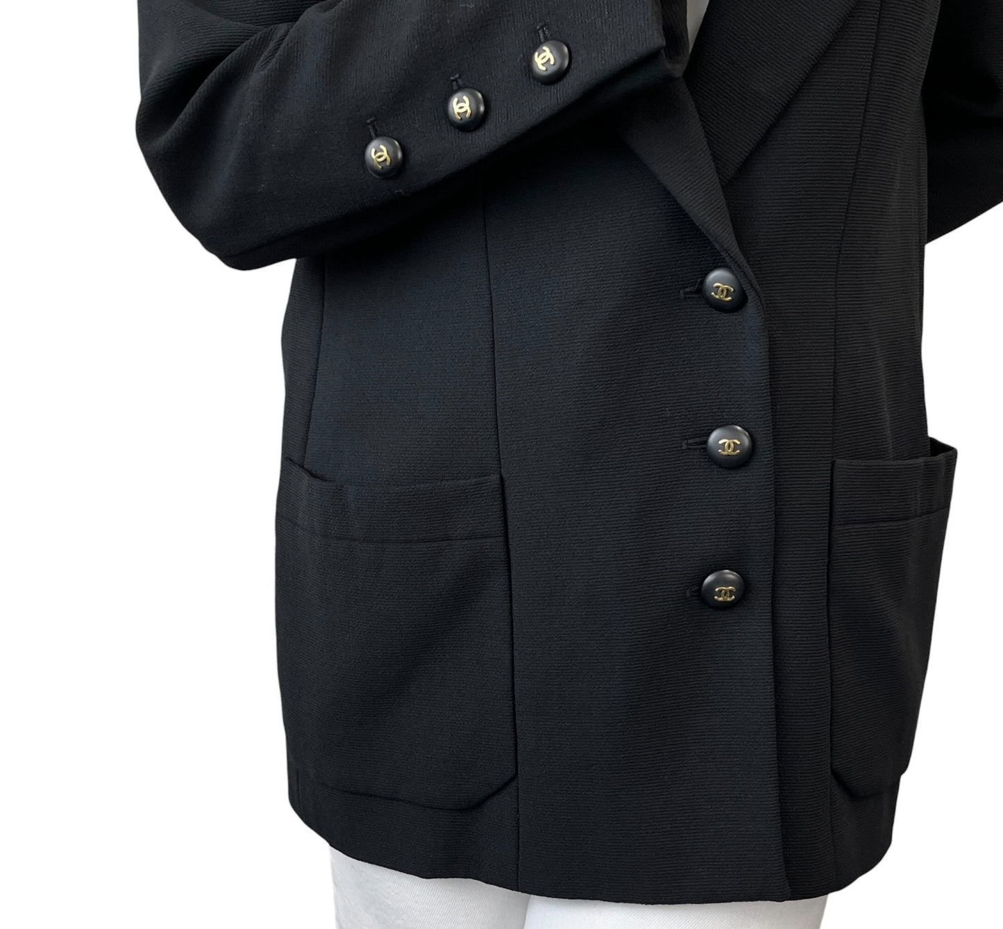 CHANEL Vintage 95C CC Logo Button Blazer Jacket #40 Black Gold Wool 901986