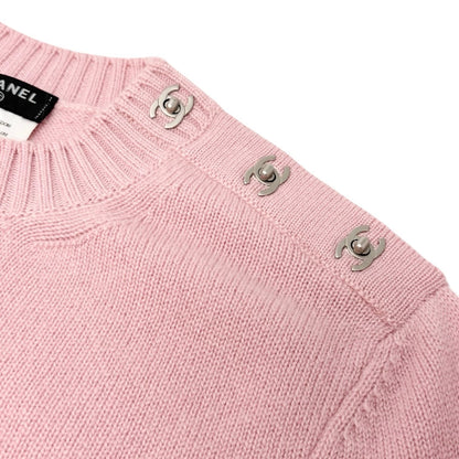 CHANEL Vintage CC Logo Turnlock Cashmere Ribbed Sweater Top #36 Pink 902225