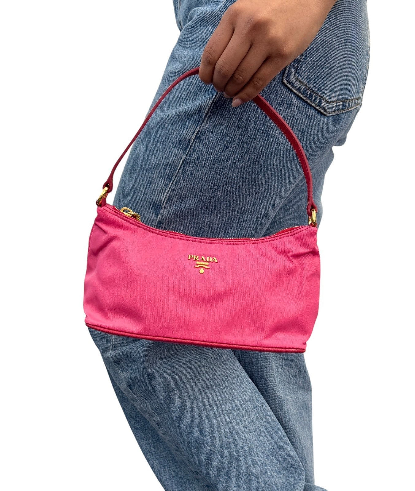 PRADA Vintage Logo Tessuto Nylon Shoulder Mini Bag Pochete Pink Gold