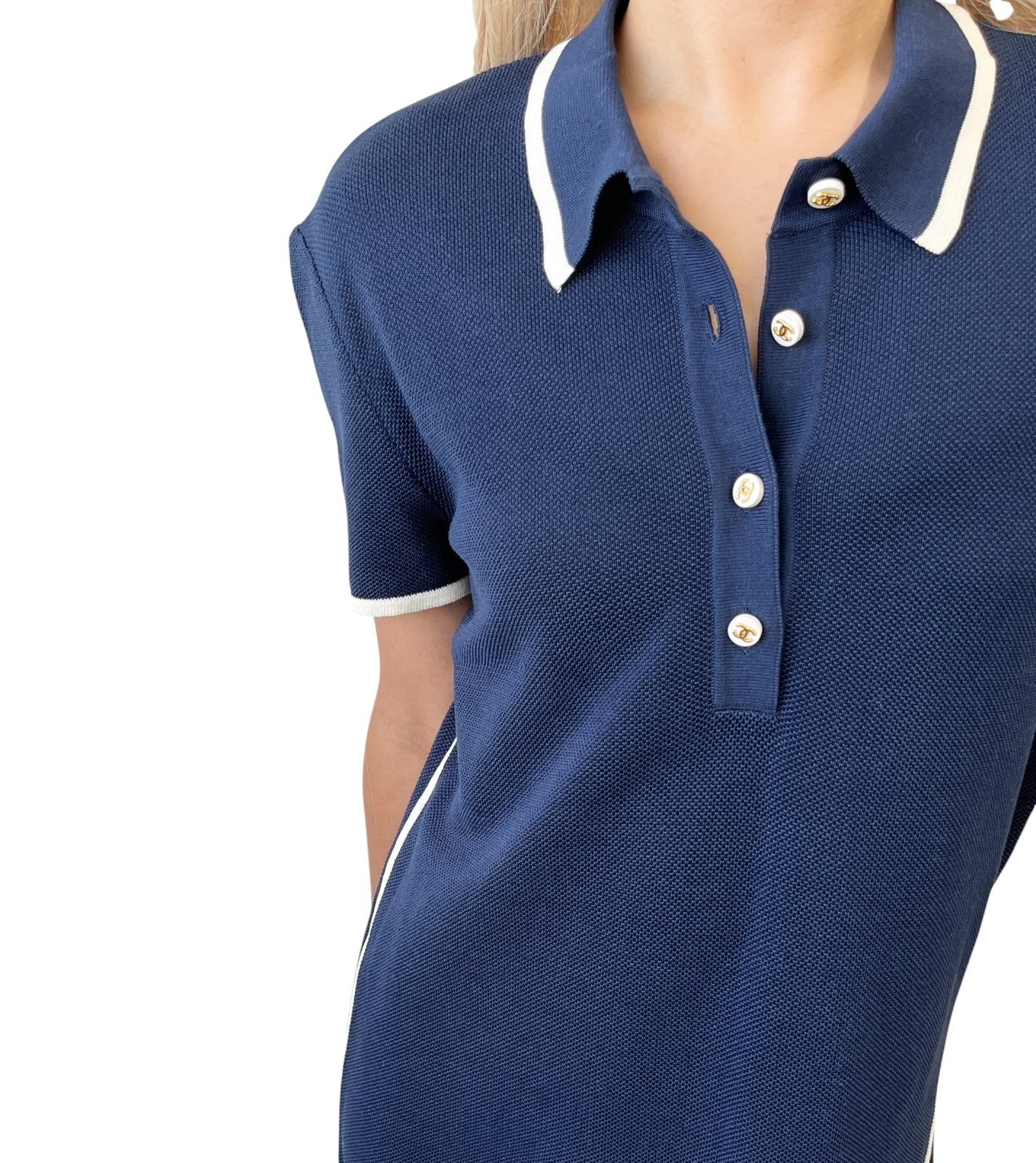 CHANEL Vintage 96C CC Logo Polo Dress One-Piece Button #42 Navy White Cotton