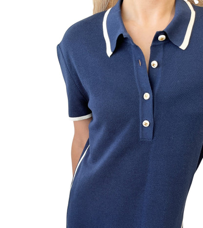 CHANEL Vintage 96C CC Logo Polo Dress One-Piece Button #42 Navy White Cotton