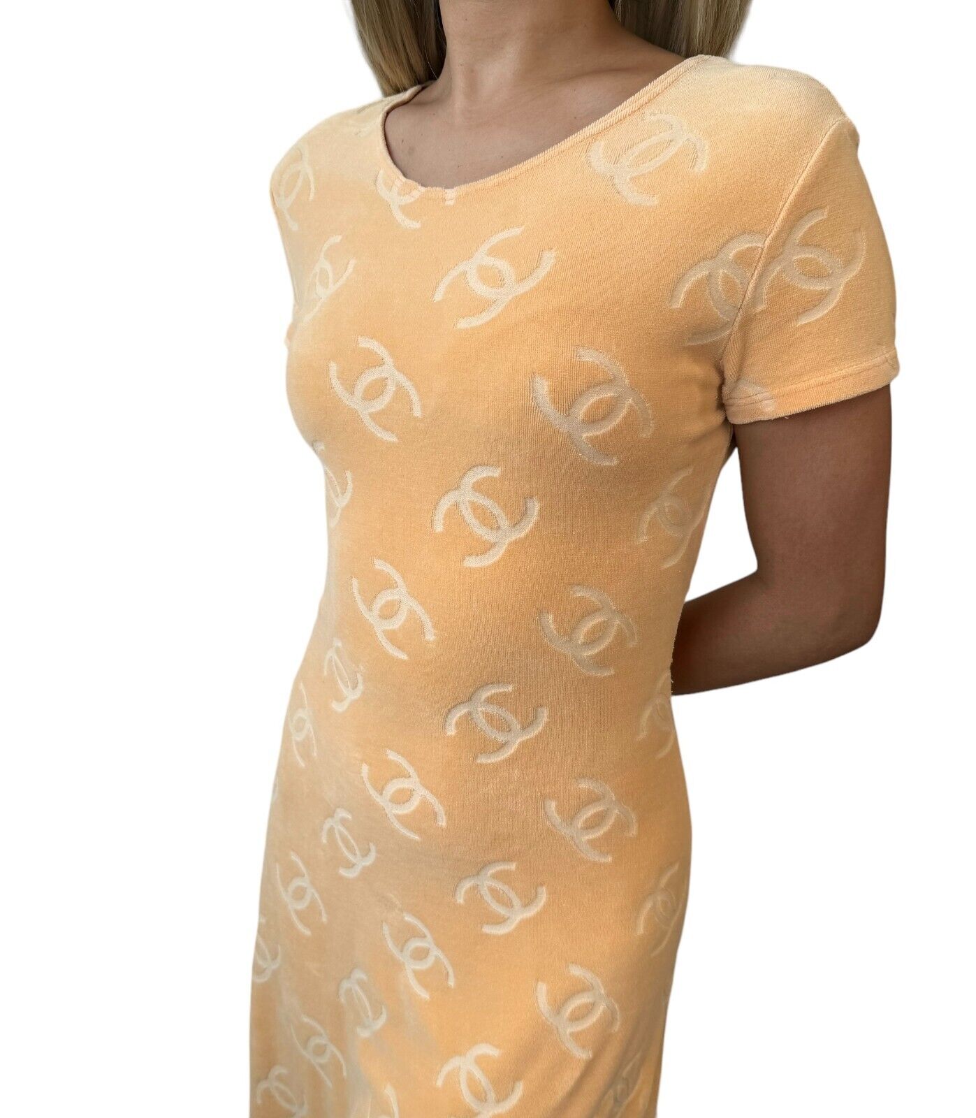 CHANEL Vintage 1996 CC Mark Logo Velour Dress #38 One-piece Orange Cotton