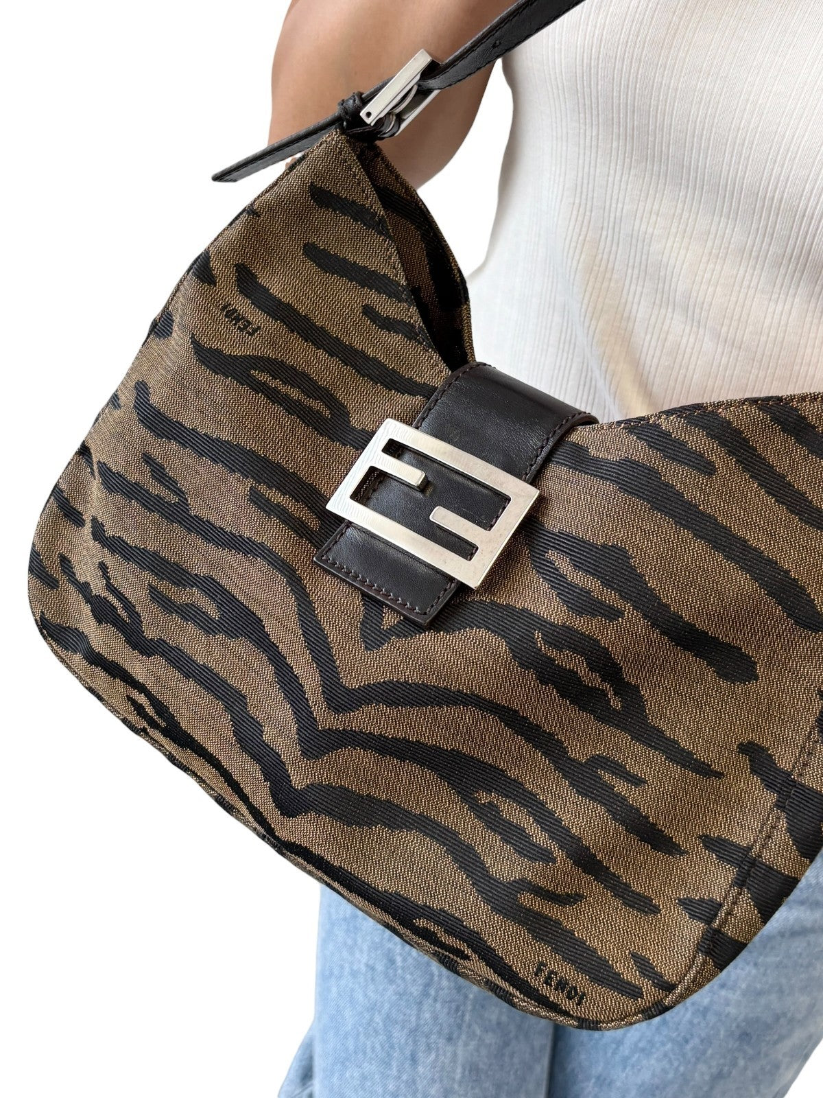 FENDI Vintage FF Logo Mamma Baguette Hobo Shoulder Bag Brown Cotton 902574