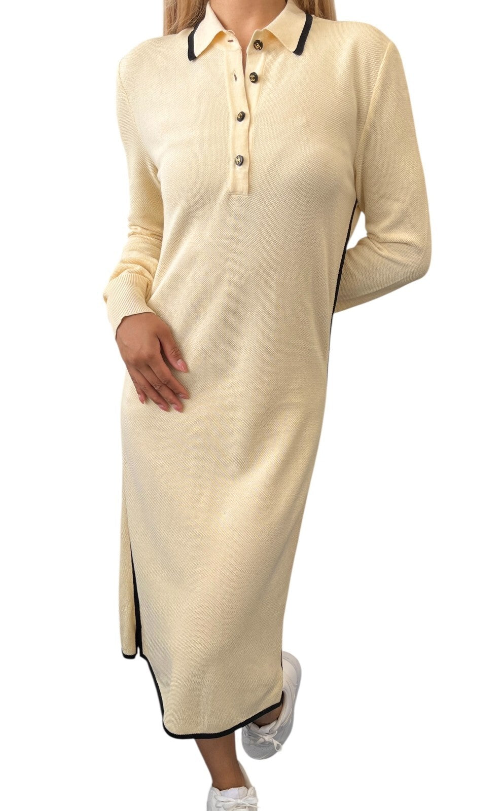 CHANEL Vintage CC Logo Polo Bicolor Dress One-piece Cream Black Cotton Button