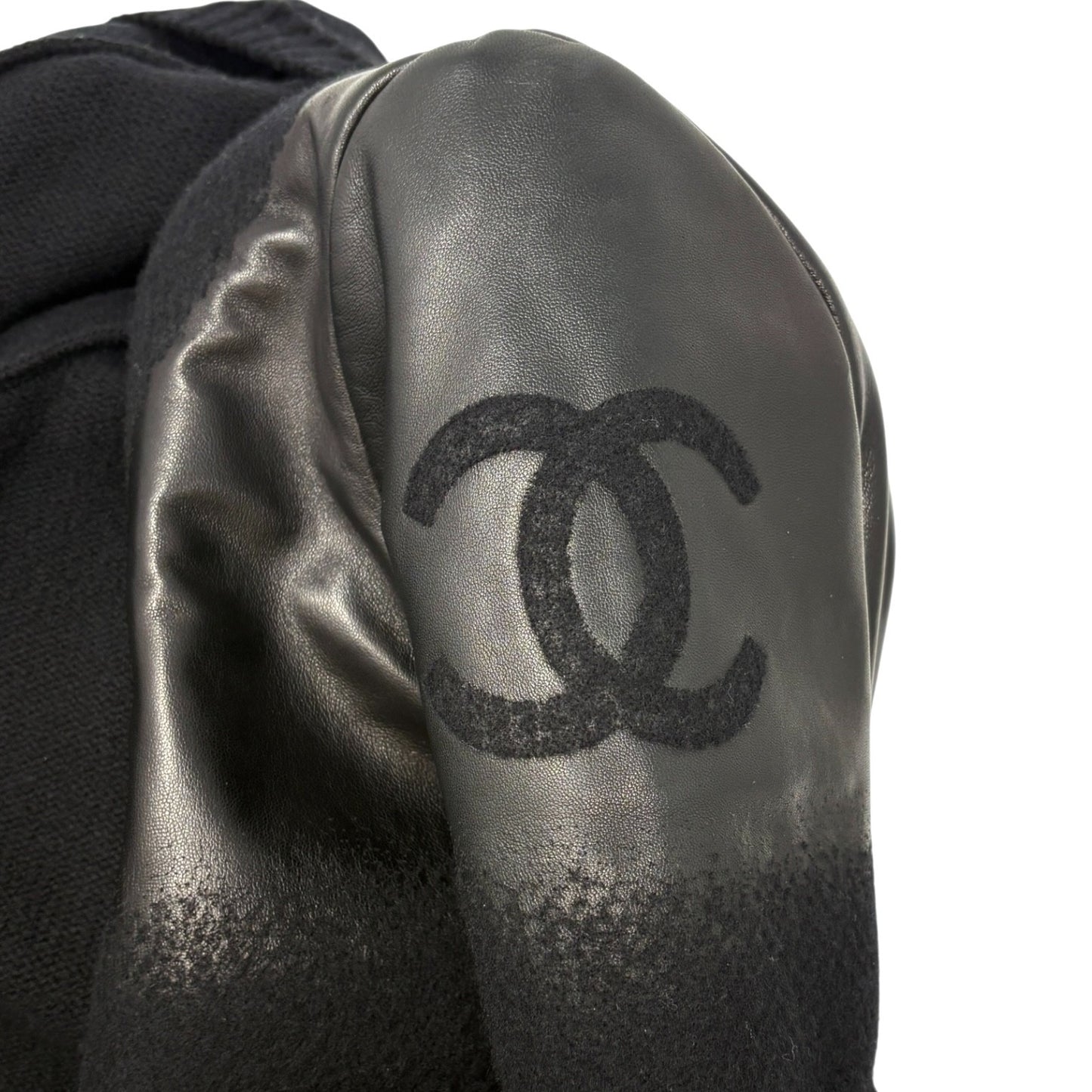 CHANEL Vintage P44562 CC Logo Lambskin Leather Knit Long Jacket #36 Wool Black