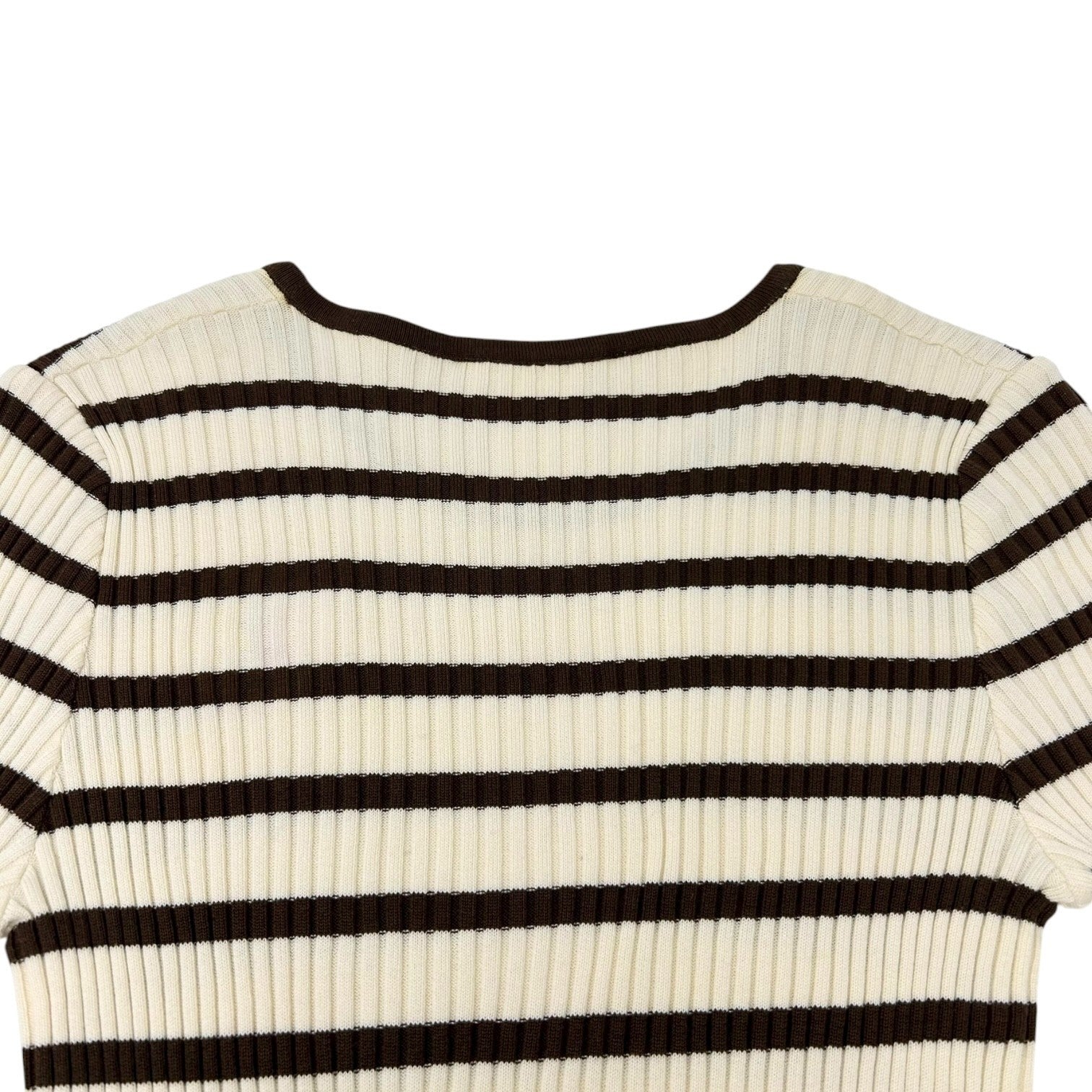 CHANEL Vintage 98P CC Mark Logo Striped Ribbed Knit Top #40 Brown White Cotton
