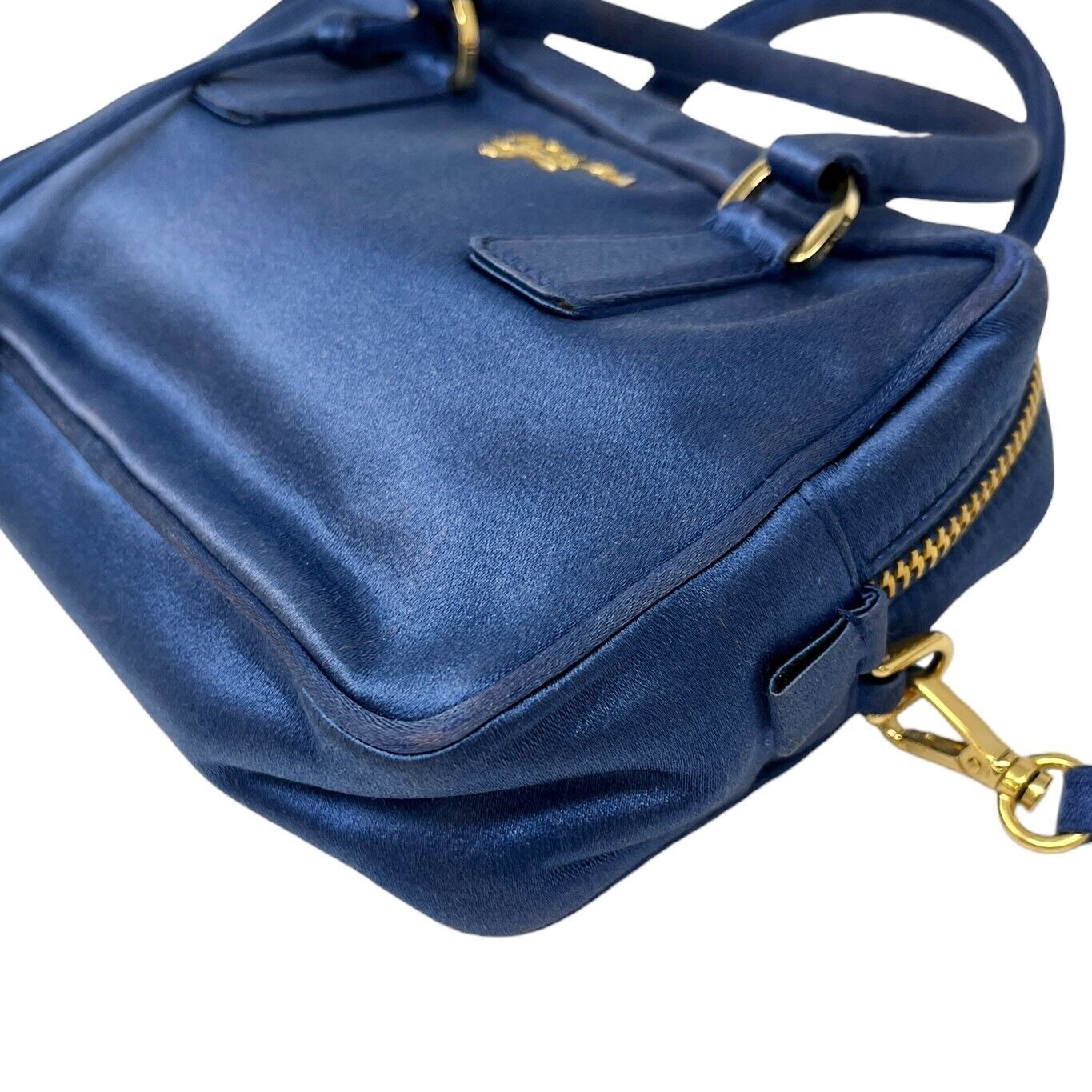 PRADA Vintage Logo Micro Bag Shoulder Bag 2way Padlock Zip Blue Gold Satin