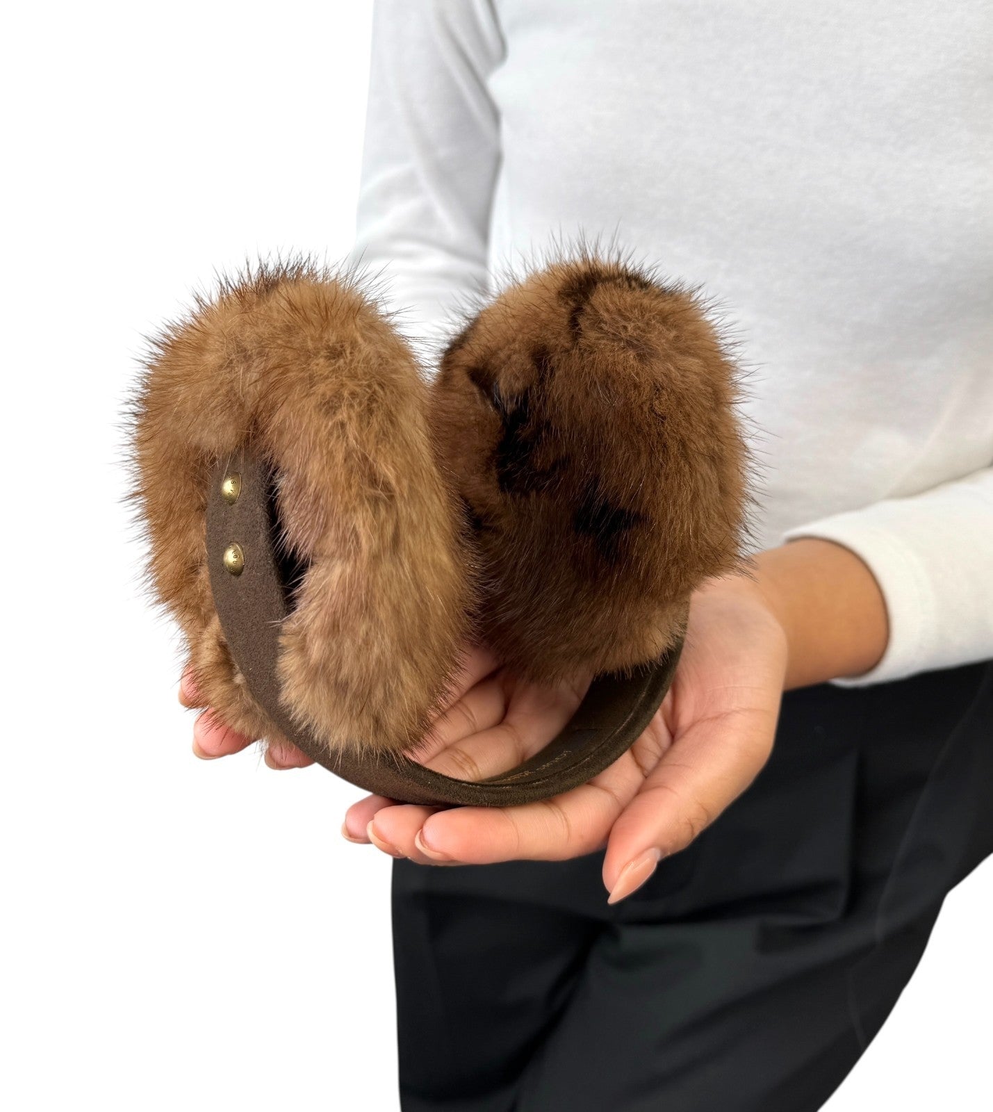 LOUIS VUITTON Vintage LV Monogram Mink Earmuffs Brown Gold Suede Accessory