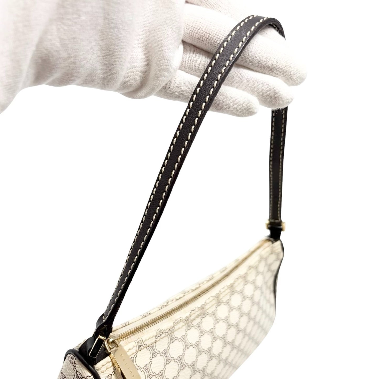 CELINE Vintage Macadam Monogram Shoulder Bag Pochette White Brown PVC 902075