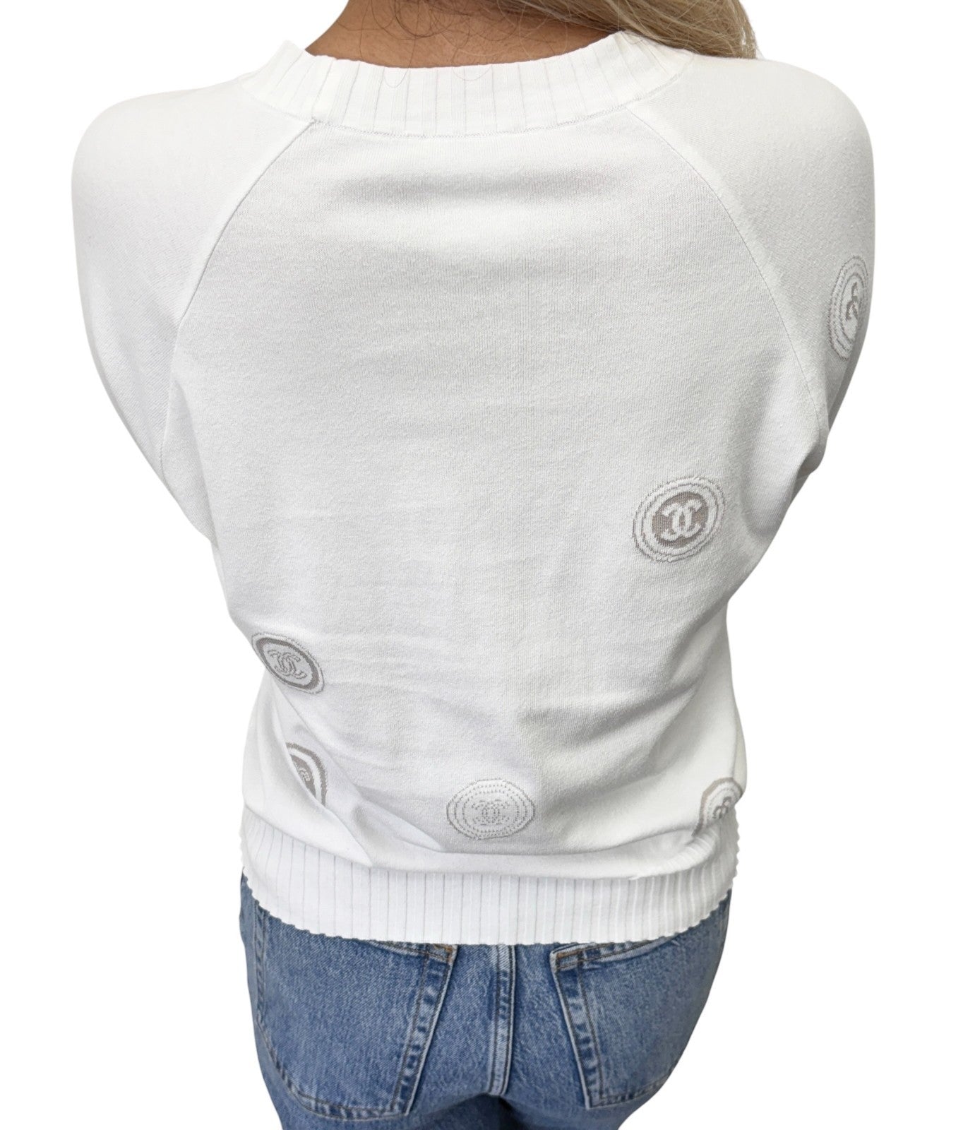CHANEL Vintage 01P CC Stamp Logo Long Sleeve Shirt Top #38 White Greige 902431
