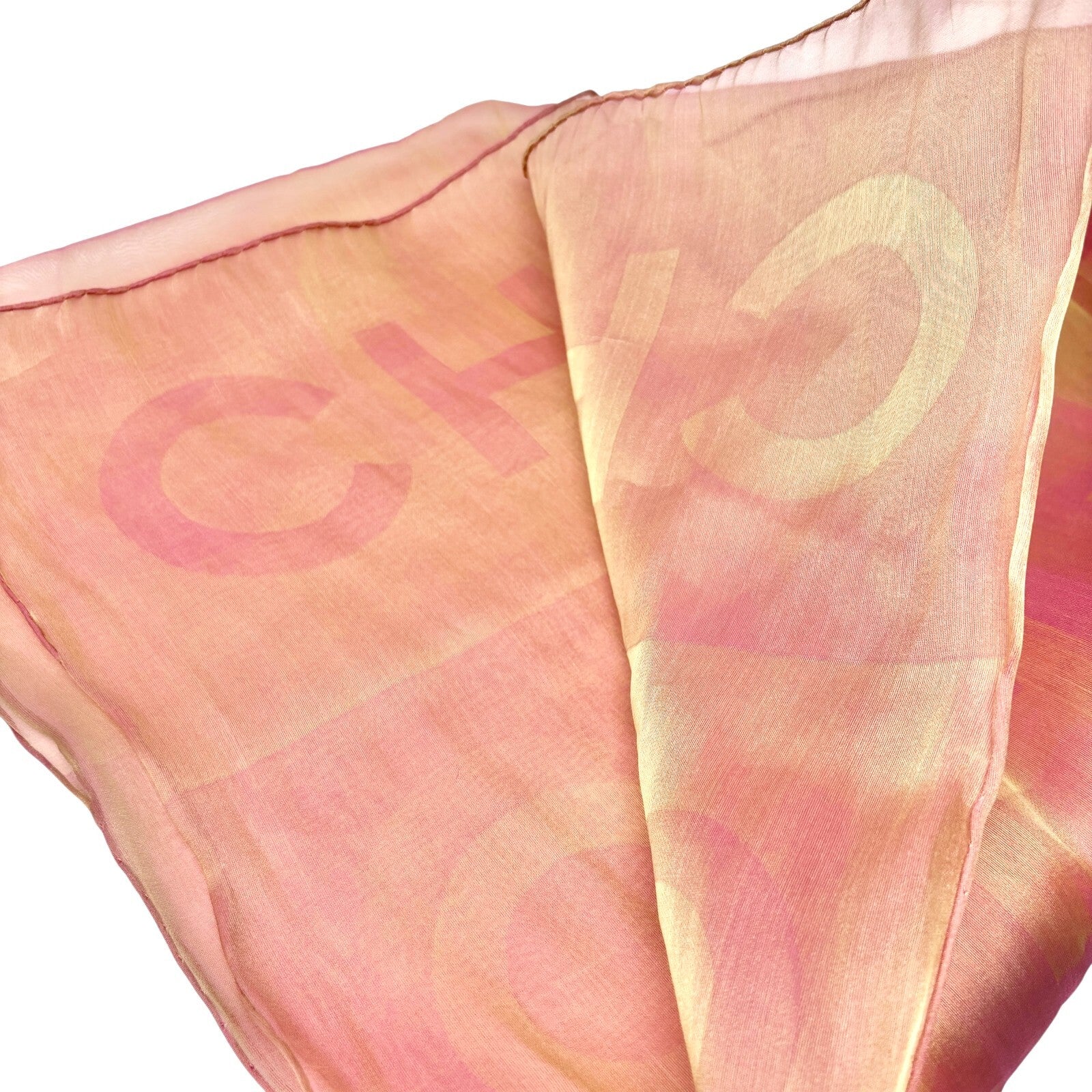 CHANEL Vintage Big CC Logo See-through Scarf Shawl Wrap Pink Cream Silk