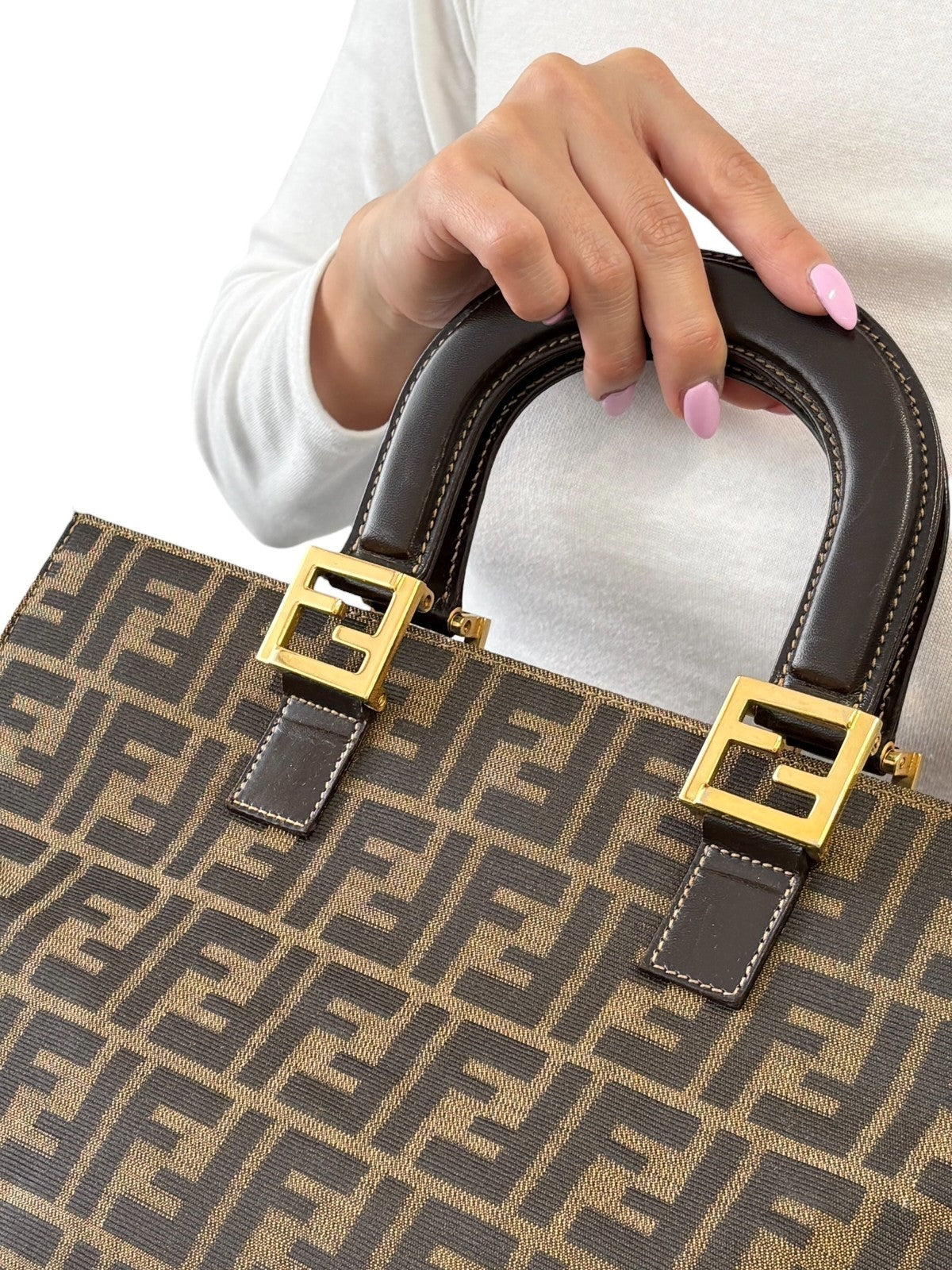 Fendi Vintage Zucca Canvas Tote Bag FF Logo Monogram Brown Gold Leather