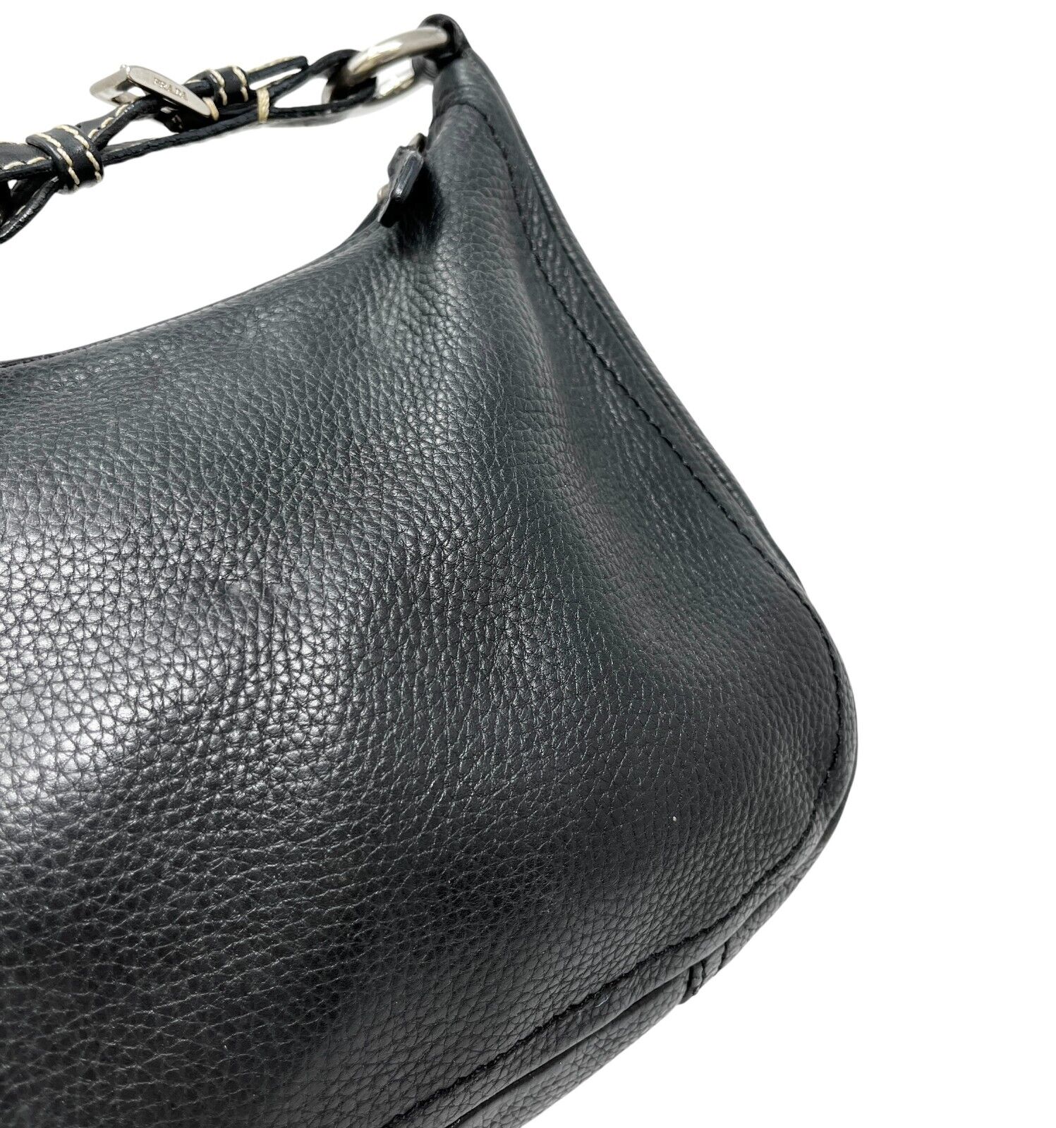 PRADA Vintage Logo Shoulder Bag Handbag Zip Stitch Black Silver Leather