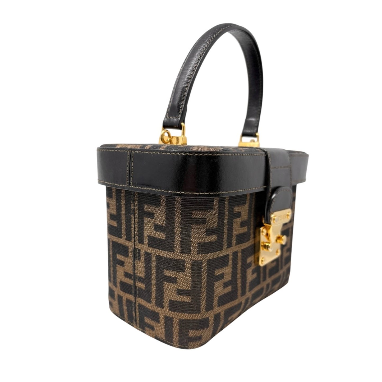 FENDI Vintage FF Zucca Vanity Bag 2way Handbag Crossbody Brown Canvas Leather