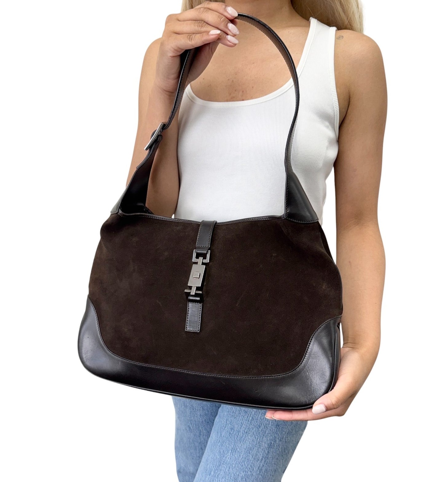 GUCCI Vintage Logo Jackie Shoulder Bag Handbag Brown Black Suede 902432