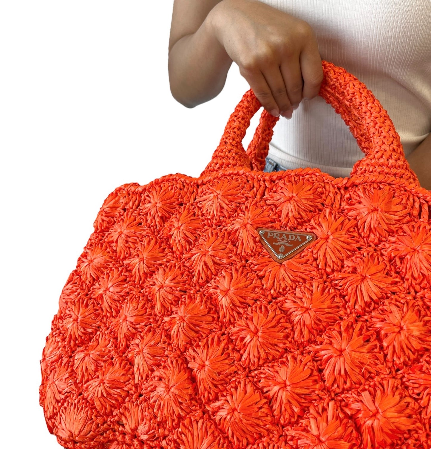 PRADA Vintage Triangle Logo Raffia Tote Bag Crossbody 2way Orange Snap Button