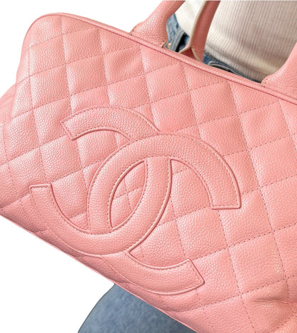 CHANEL Vintage Bic CC Logo Timeless Quilted Leather Boston Bag Pink 902272