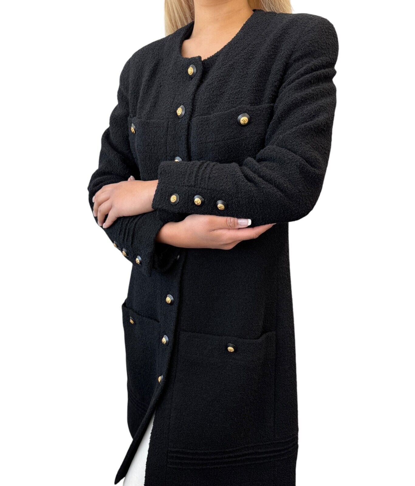 CHANEL Vintage CC Logo Long Tweed Jacket #M Coat Black Gold Wool Silk Button