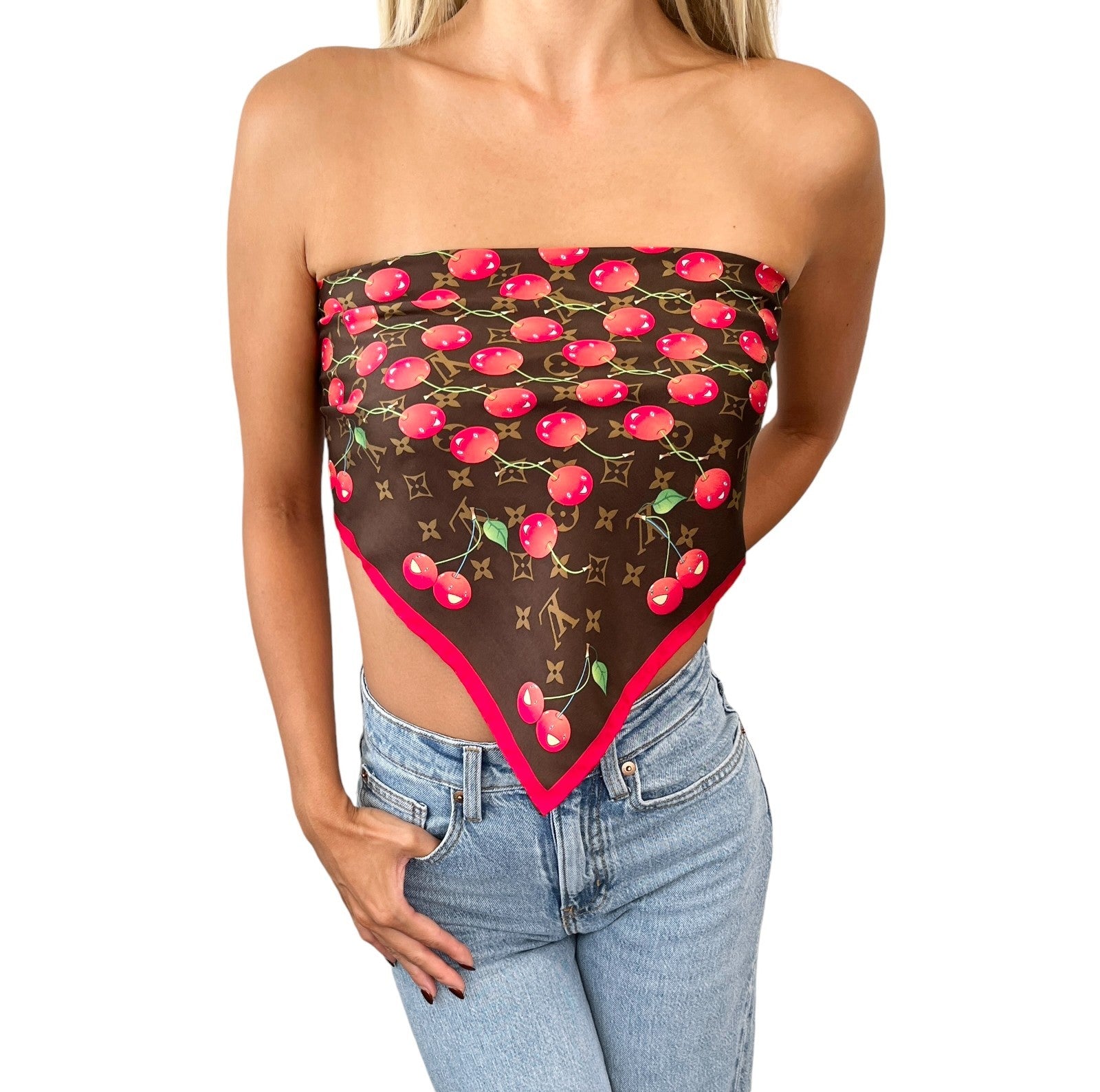 LOUIS VUITTON Vintage LV Logo Monogram Cherry Scarf Brown Red Silk Murakami