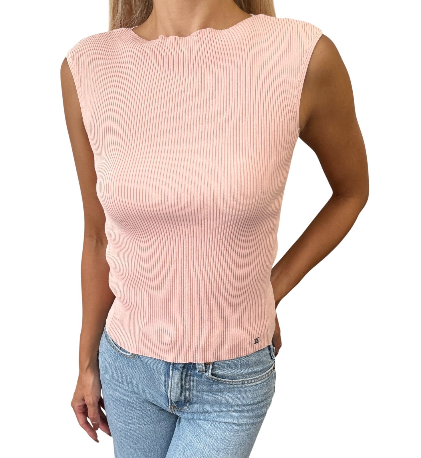 CHANEL Vintage 99P CC Logo Sleeveless Rib Knit Tank Top #38 Rayon Cotton Pink