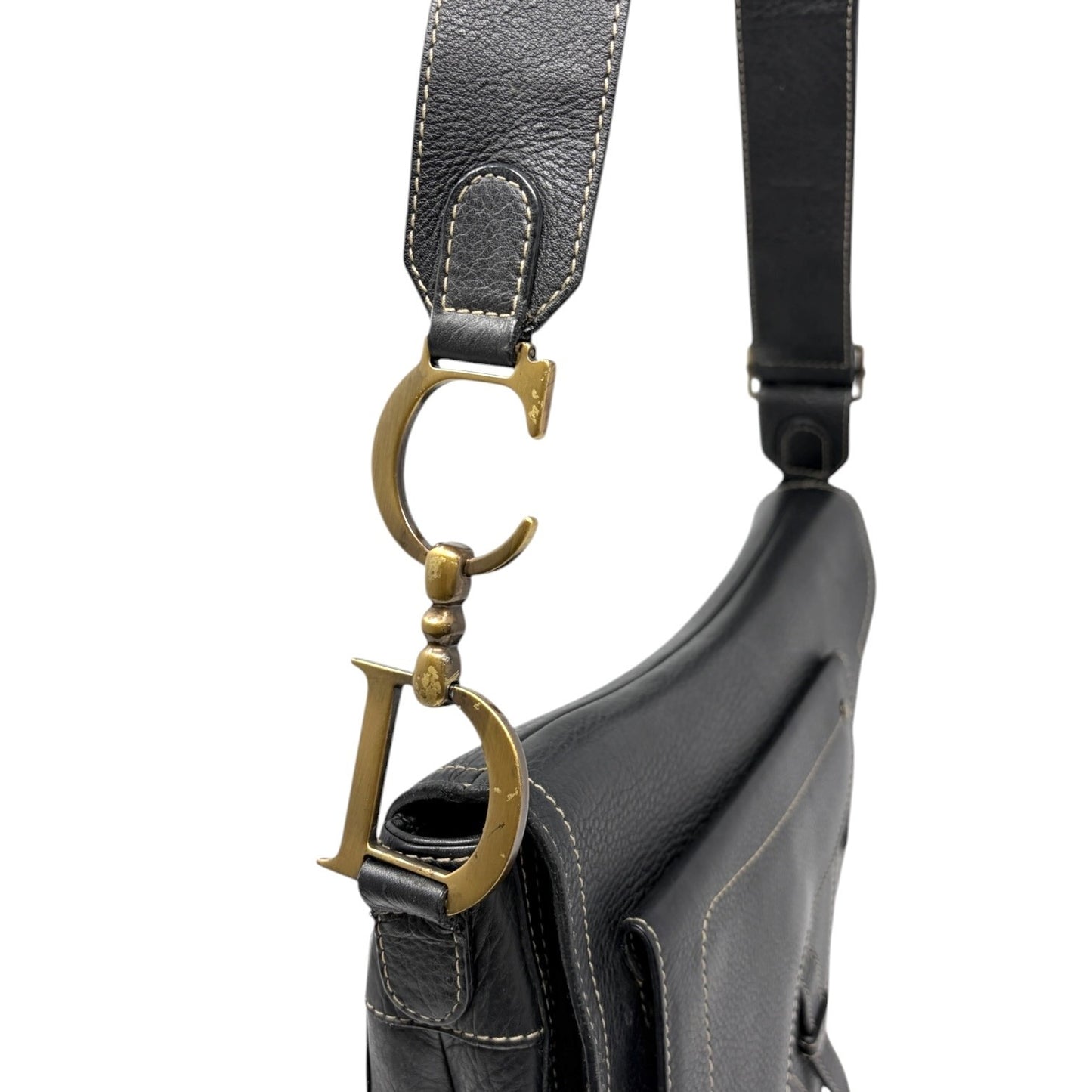 Christian Dior Vintage 2002 Double Saddle Leather Shoulder Bag Black Stitch