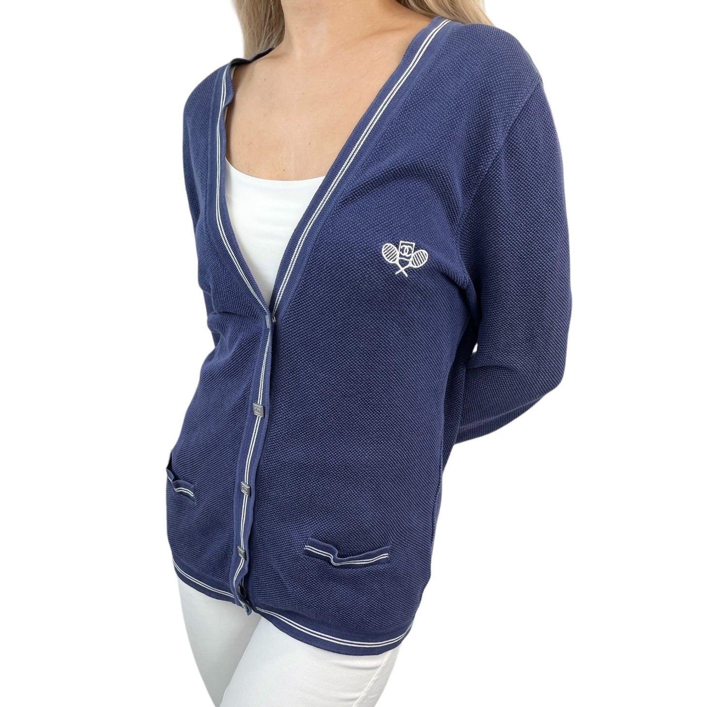 CHANEL Sport Vintage 06P CC Tennis Cardigan Knit Top #34 Blue Cotton Snap Button