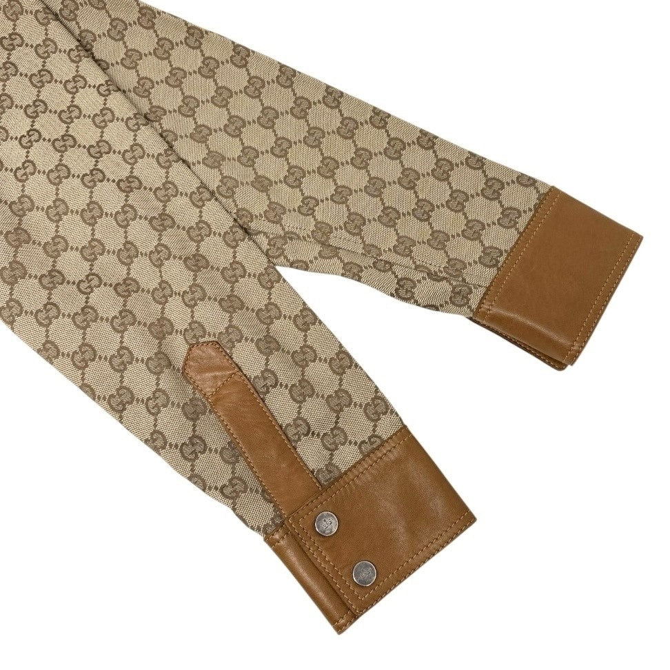 GUCCI Vintage GG Monogram Logo Shirt Jacket Top #38 Beige Brown Canvas Leather