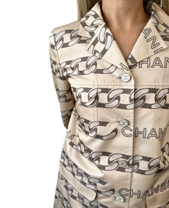 CHANEL Vintage 01A CC Chain Logo Middle Coat #36 Cream Gray Polyester Rank AB