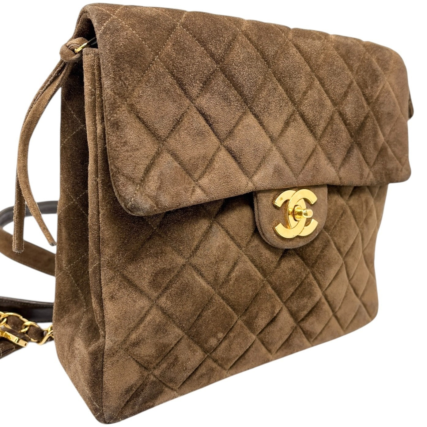 CHANEL Vintage CC Logo Suede Matelasse Backpack Bag Turn Rock Brown Gold