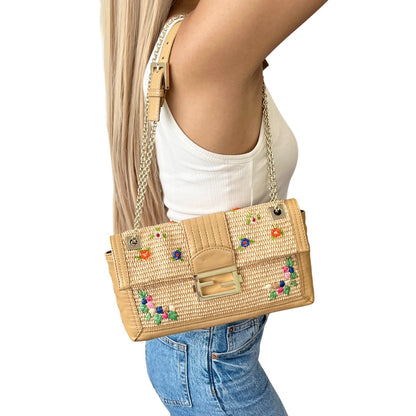 FENDI Vintage FF Logo Beads Mamma Baguette Raffia Shoulder Bag Beige 902273