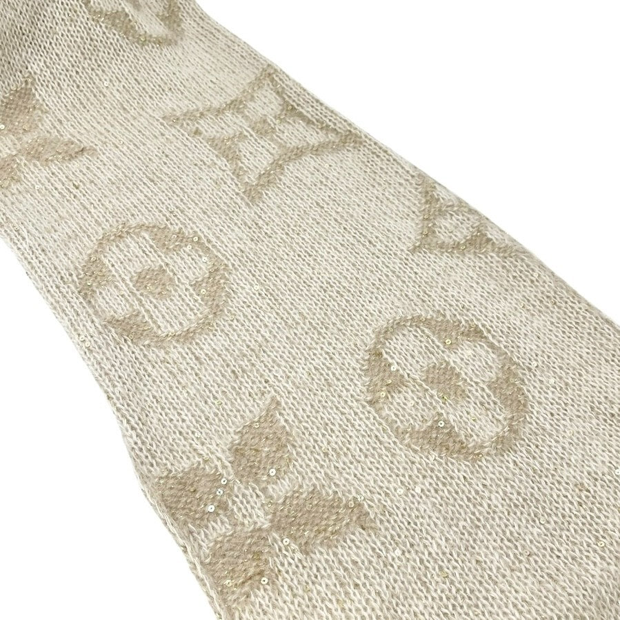 LOUIS VUITTON Vintage LV Monogram Logo Knit Sequins Scarf Shawl Beige Mohair