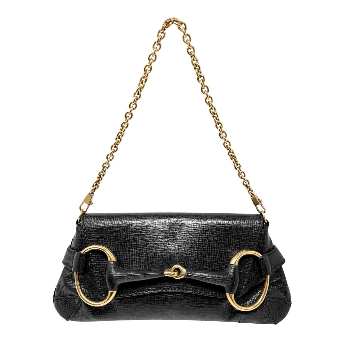 GUCCI Vintage Horsebit Chain Mini Shoulder Bag Leather Black Gold 902408