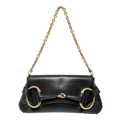 GUCCI Vintage Horsebit Chain Mini Shoulder Bag Leather Black Gold 902408