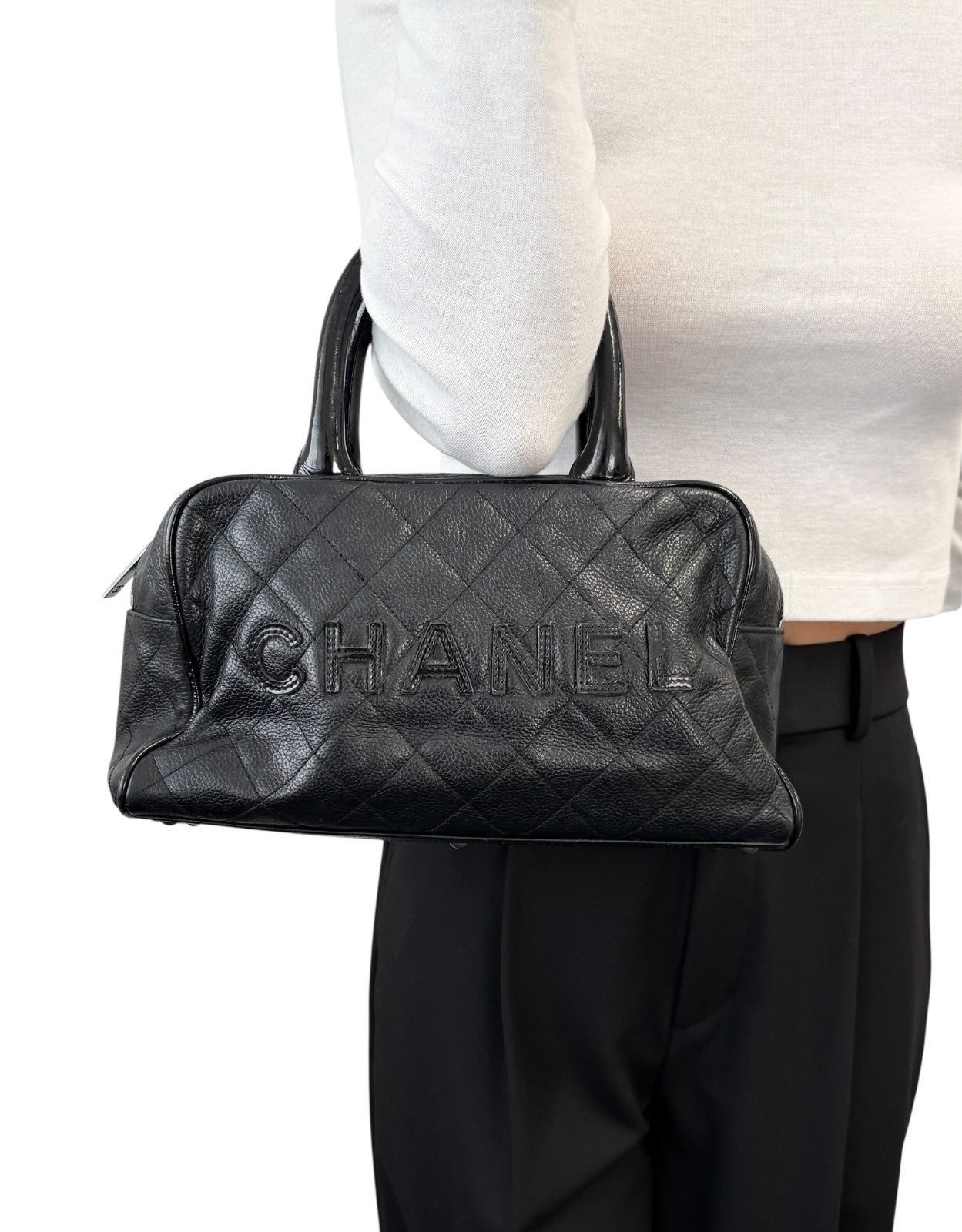 CHANEL Vintage CC Big Logo Quilted Leather Mini Bowling Boston Bag Black Silver