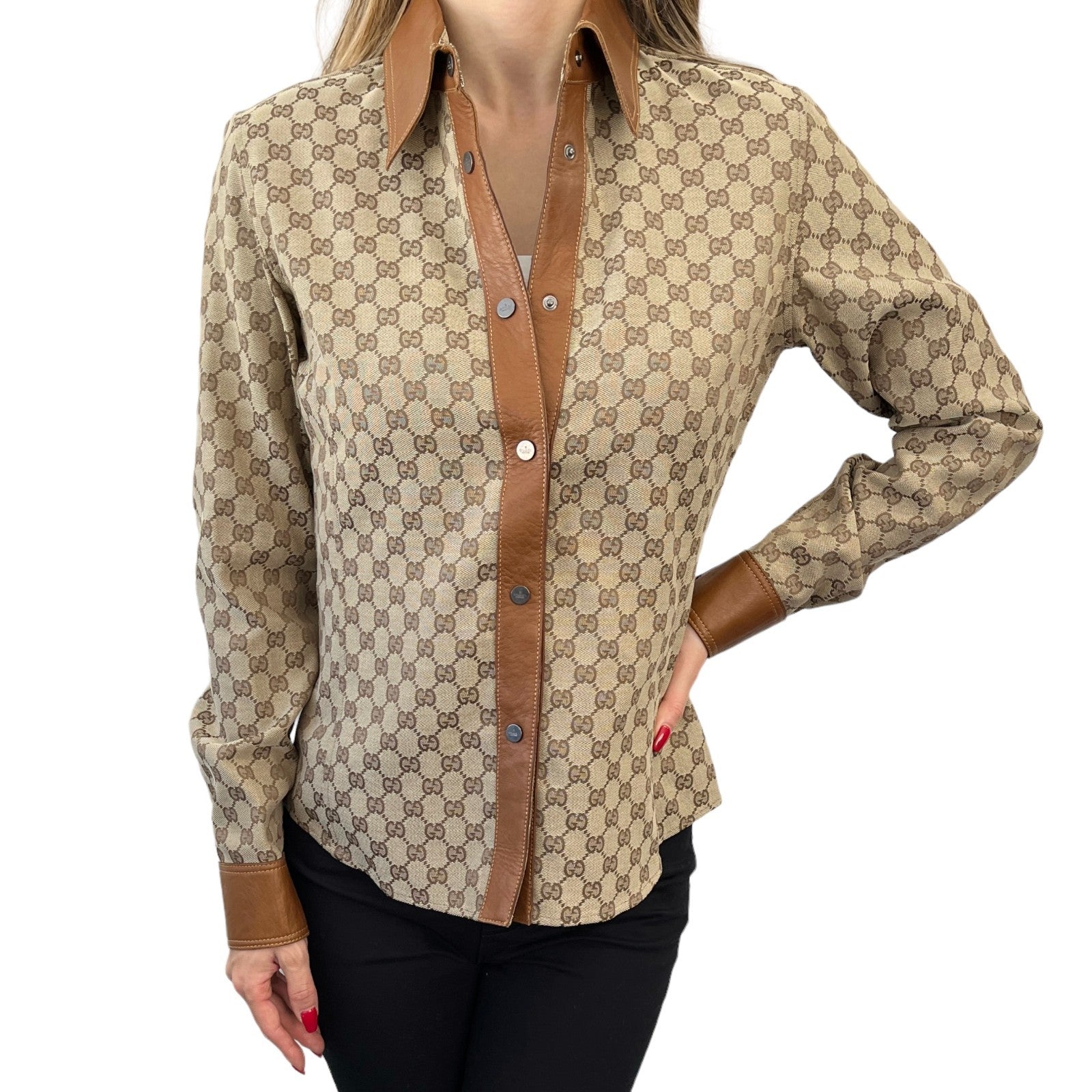 GUCCI Vintage GG Monogram Logo Shirt Jacket Top #38 Beige Brown Canvas Leather