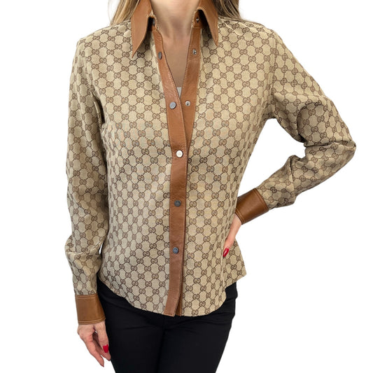 GUCCI Vintage GG Monogram Logo Shirt Jacket Top #38 Beige Brown Canvas Leather
