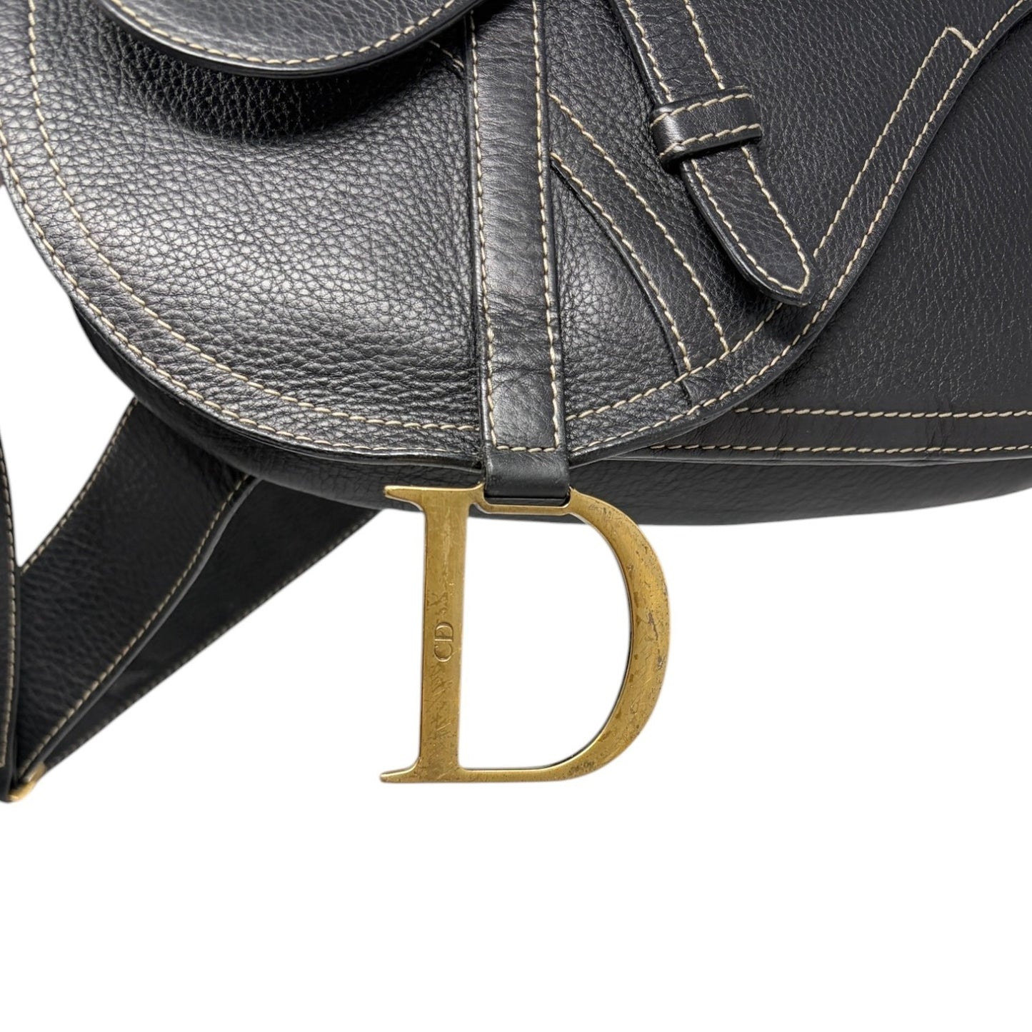 Christian Dior Vintage 2002 Double Saddle Leather Shoulder Bag Black Stitch