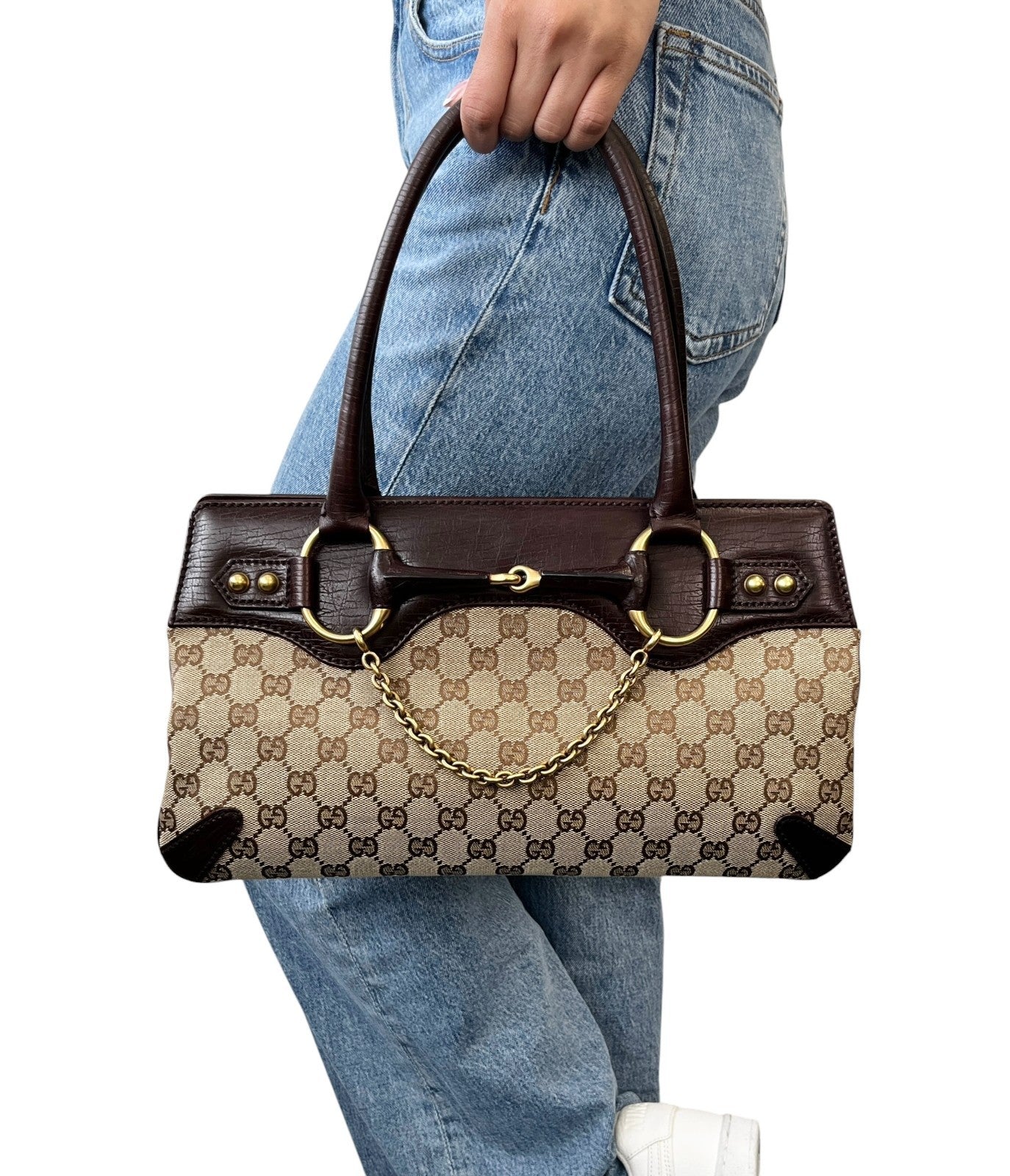 GUCCI Vintage GG Monogram Horsebit Chain Tote Bag Beige Brown Canvas 902254