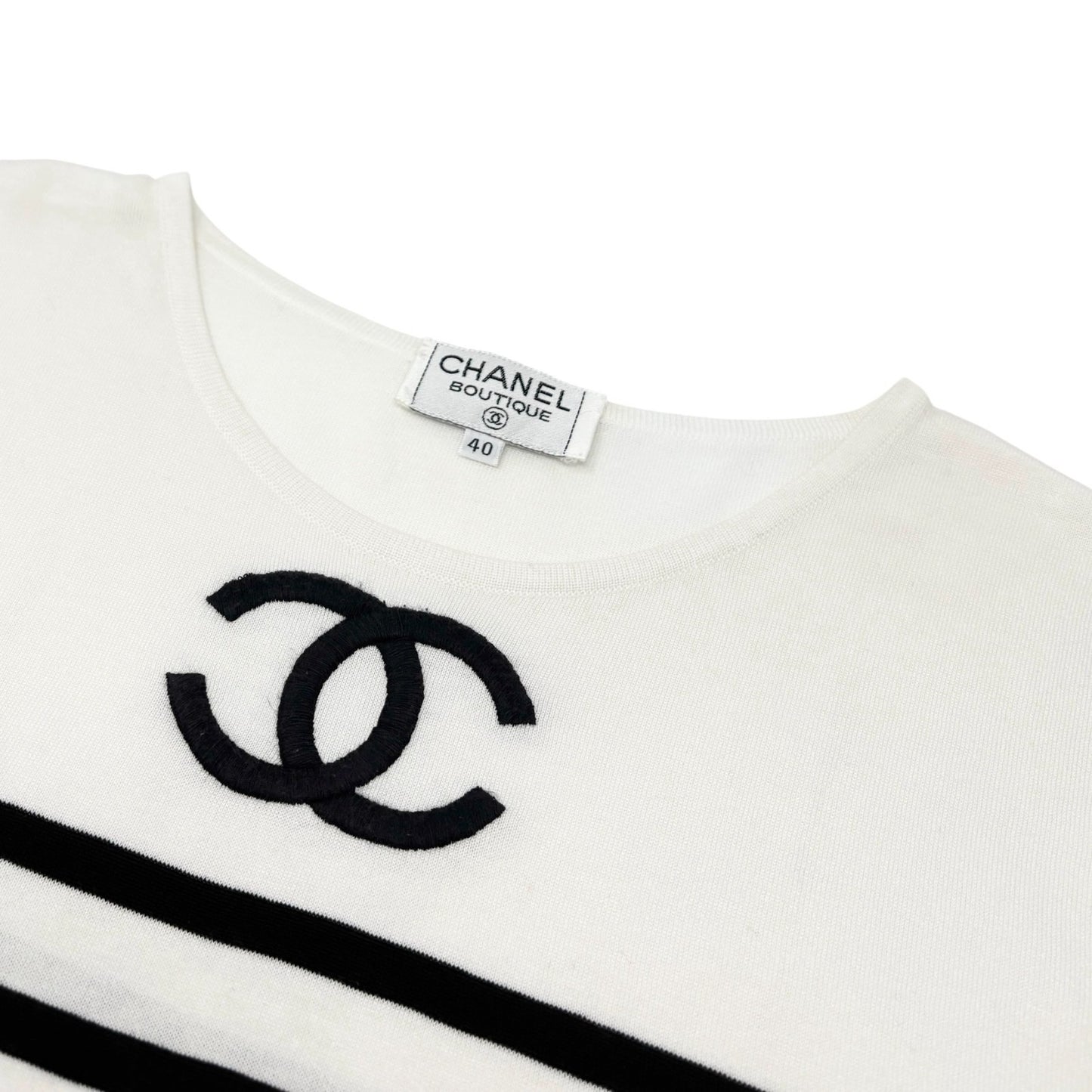CHANEL Vintage 1994 CC Logo Striped Sleeveless Top #40 Tank White Black Cotton