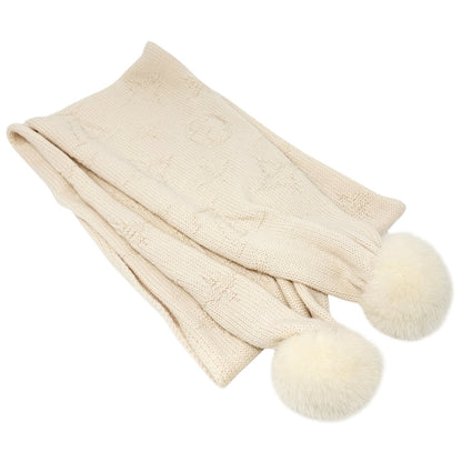 LOUIS VUITTON Vintage Monogram Escharpe Fur Scarf Shawl Cream Cashmere Logo