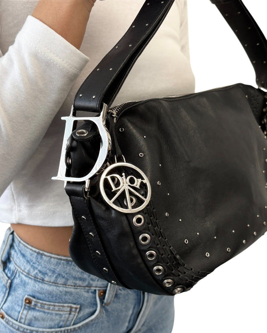 Christian Dior Vintage Peace and Love Leather Hobo Bag Black Silver Studs