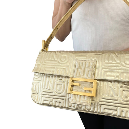 FENDI Vintage FF Logo Embossed Mamma Baguette Shoulder Bag Gold Nylon 902315